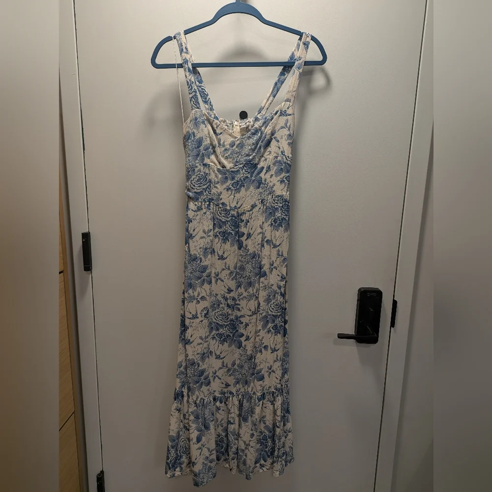Reformation Celestia Cream and Blue Floral Midi Dress Pompadour Print Size 8 - Picture 2 of 7